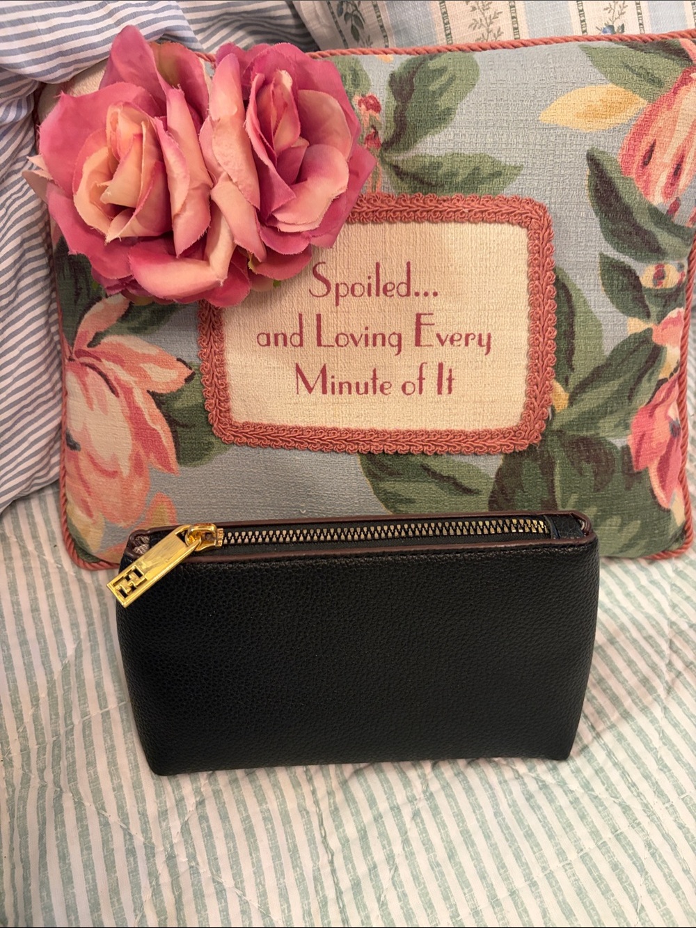 Black Leather cosmetic case with Gold Zipper